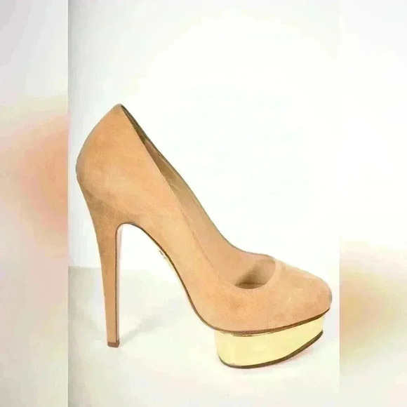 CHARLOTTE OLYMPIA Beige Gold Metallic Dolly High Heel Suede Pumps 38.5EU Italy - Picture 3 of 8